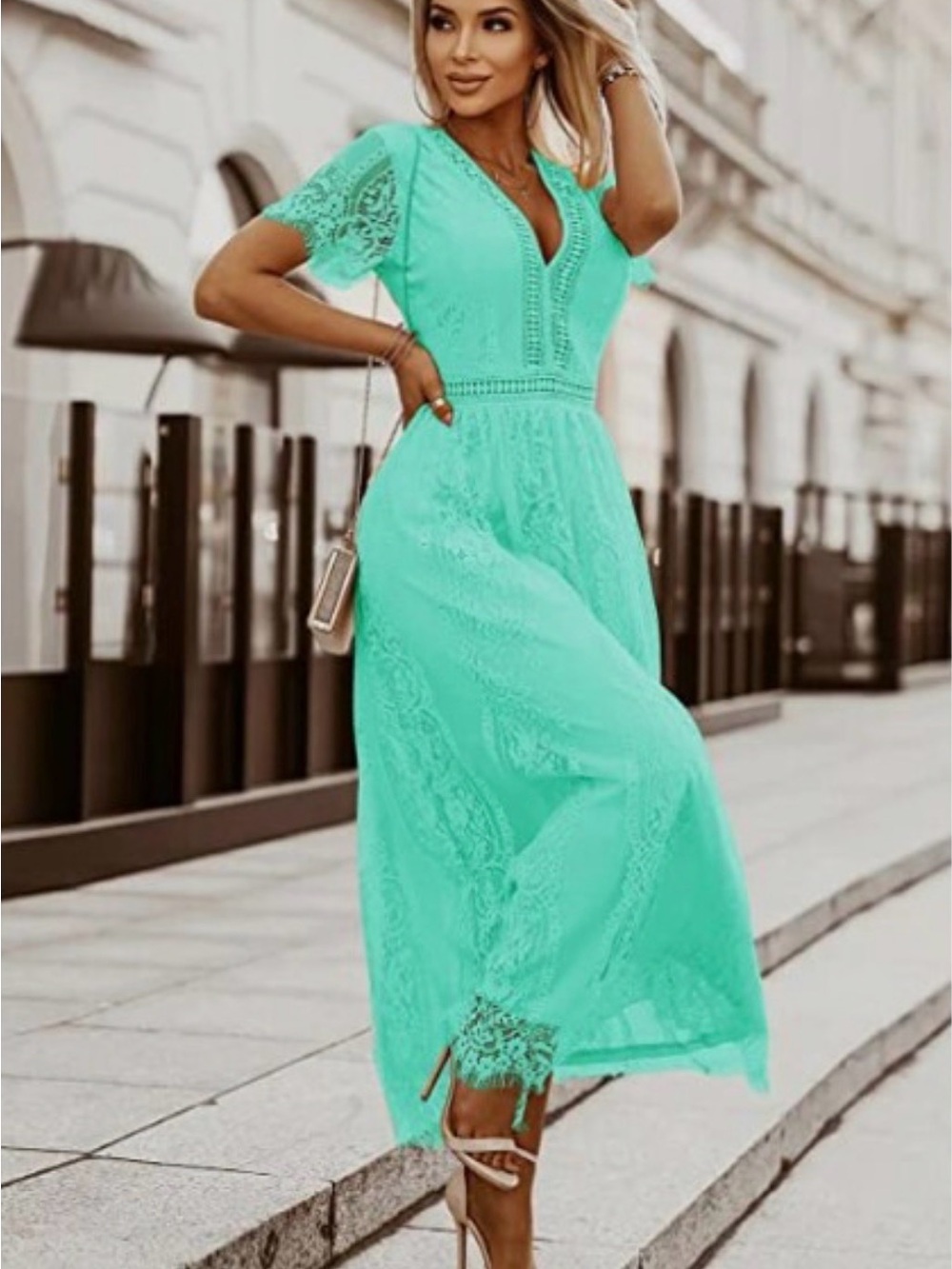 Women's Lace Trim V-Neck Maxi Dress - Aqua Teal XXL (Size 20-22)